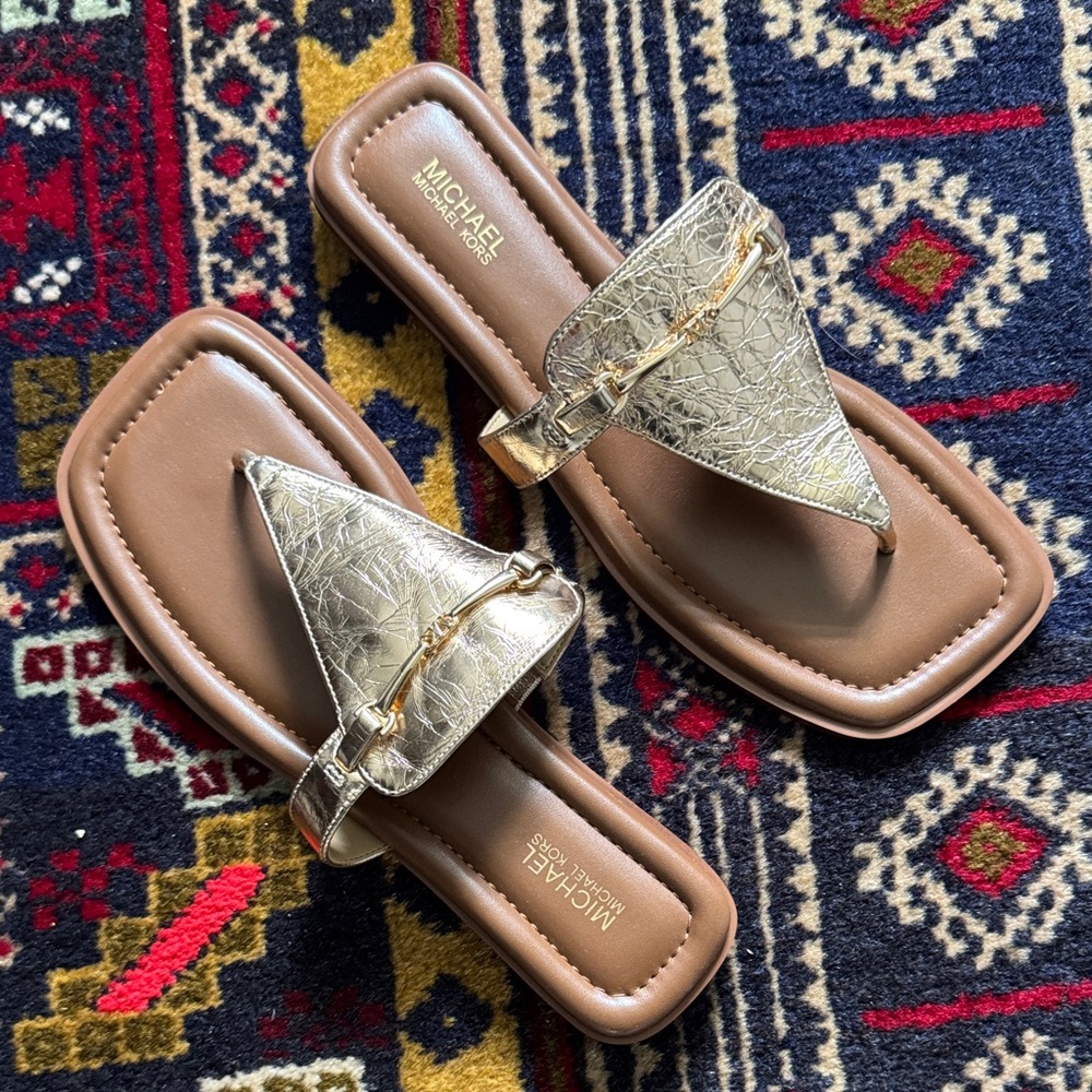 Michael Kors Gold and Brown Leather Square-Toe Thong Sandals